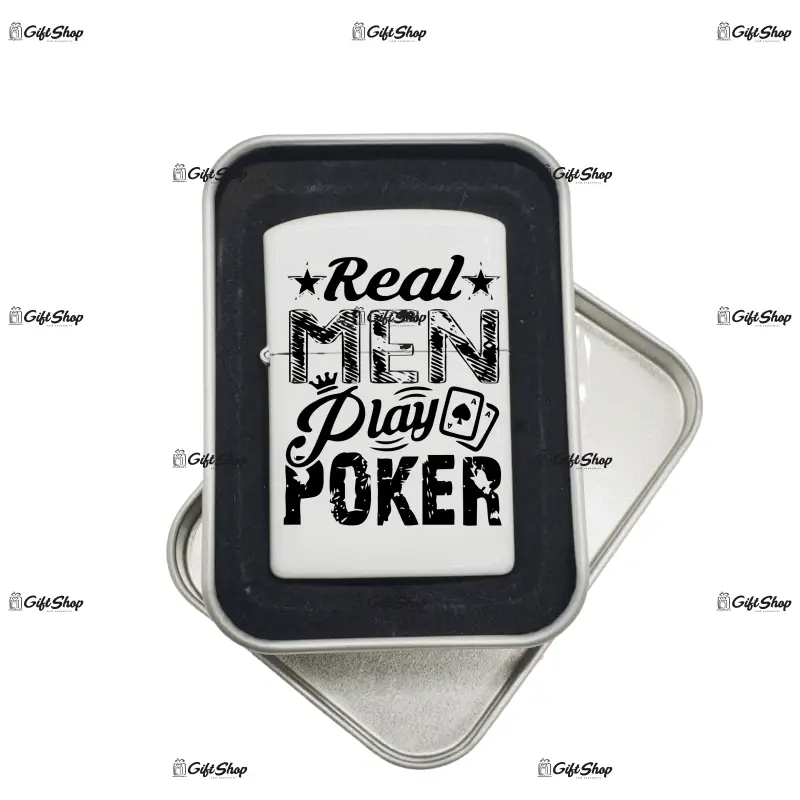 Real man play poker, bricheta metalica gravata laser cu mesaj